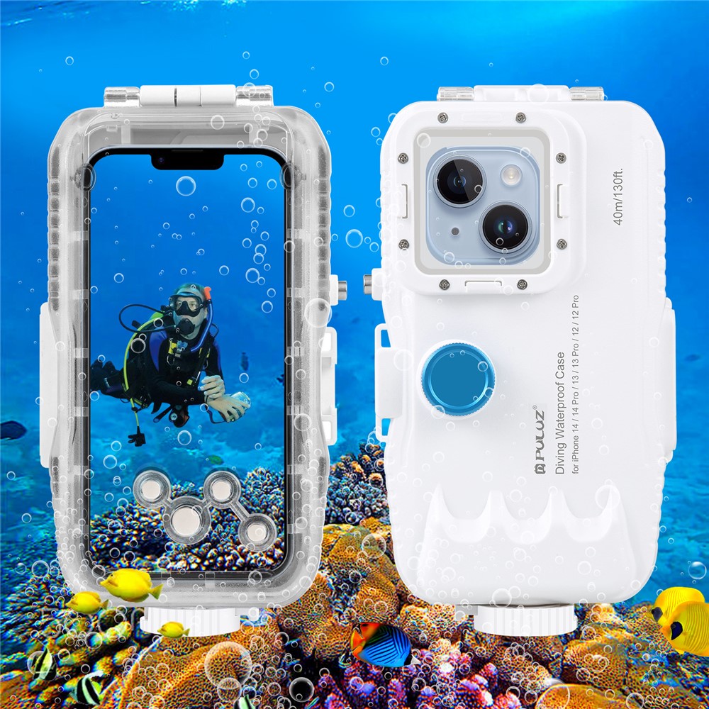 PULUZ-PU9115W-Waterproof-Cover-for-iPhone-14-Pro-/-14-/-13-Pro-/-13-/-12-Pro-/-12-PC-+-Glass-40m-Phone-Diving-Case-(Upgraded-Version)