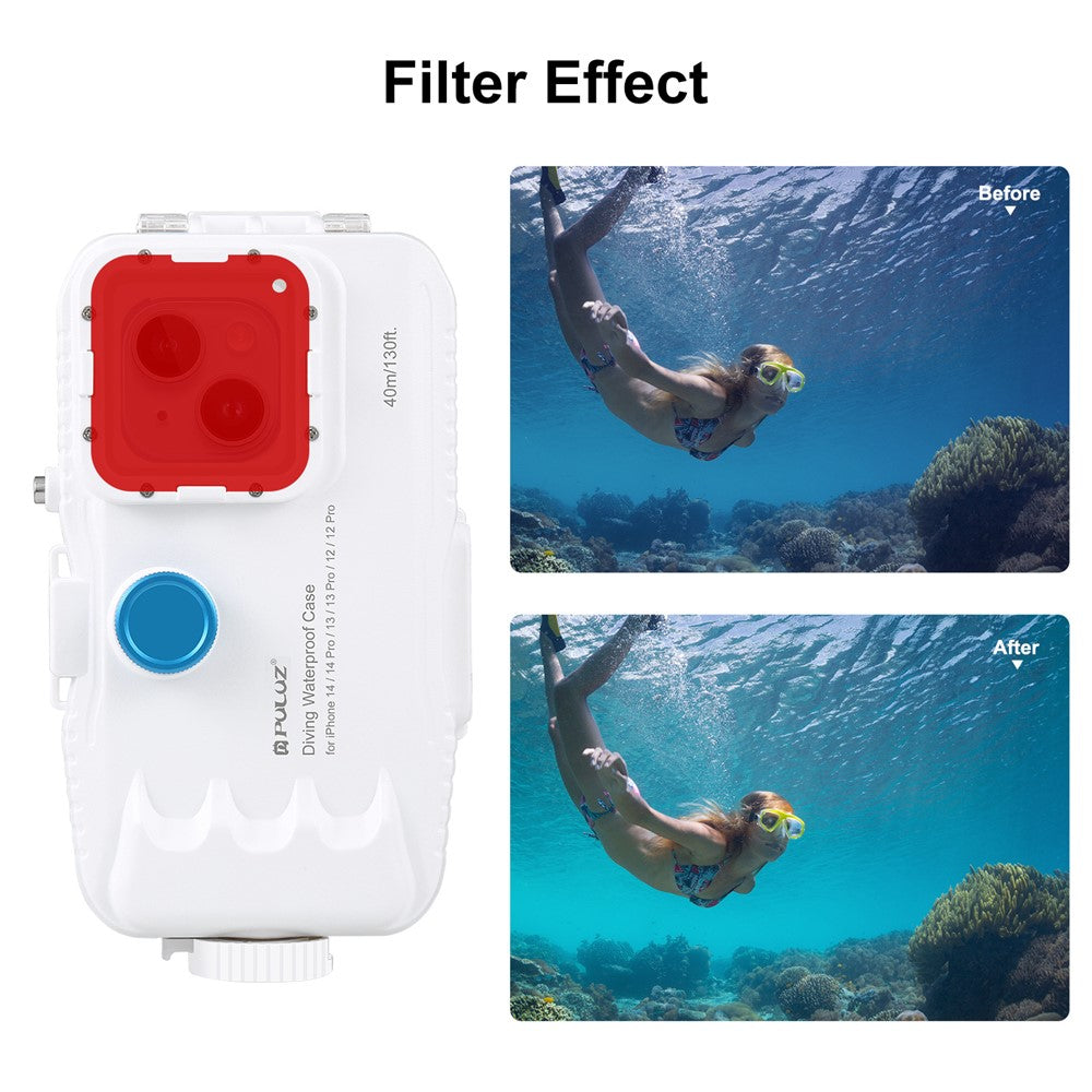 PULUZ-PU9115W-Waterproof-Cover-for-iPhone-14-Pro-/-14-/-13-Pro-/-13-/-12-Pro-/-12-PC-+-Glass-40m-Phone-Diving-Case-(Upgraded-Version)