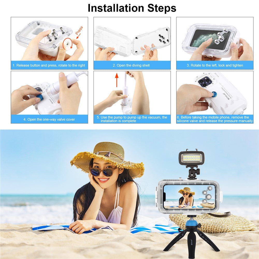 PULUZ-PU9115W-Waterproof-Cover-for-iPhone-14-Pro-/-14-/-13-Pro-/-13-/-12-Pro-/-12-PC-+-Glass-40m-Phone-Diving-Case-(Upgraded-Version)