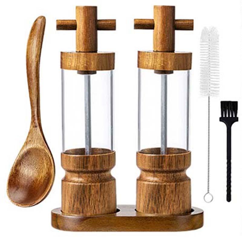 7-inch-Manual-Black-Pepper-Wood-Grinder-Transparent-Acrylic-Pepper-Seasoning-Bottle,-Spec:-Double+Base+Spoon+Steel-Brush+Black-Brush
