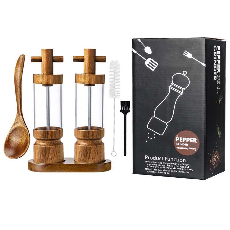 7-inch-Manual-Black-Pepper-Wood-Grinder-Transparent-Acrylic-Pepper-Seasoning-Bottle,-Spec:-Double+Base+Spoon+Steel-Brush+Black-Brush