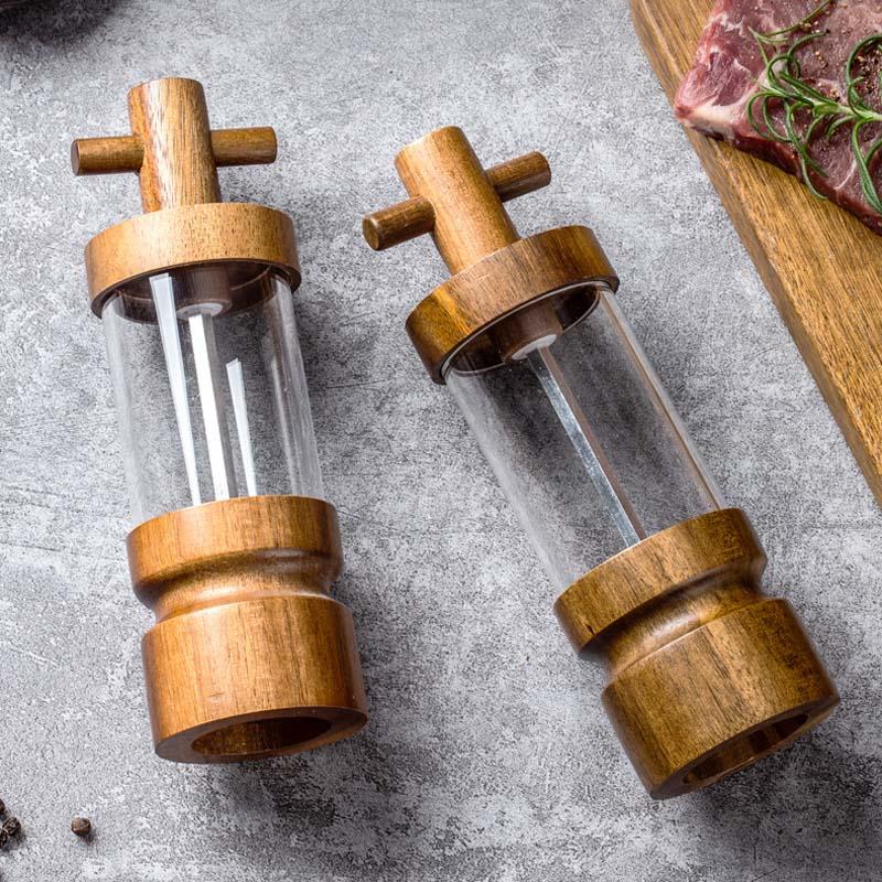 7-inch-Manual-Black-Pepper-Wood-Grinder-Transparent-Acrylic-Pepper-Seasoning-Bottle,-Spec:-Double+Base+Spoon+Steel-Brush+Black-Brush