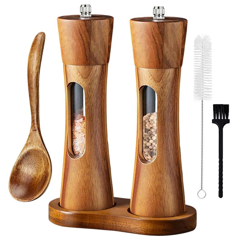 8-inch-Acrylic-Pepper-Grinder-Pagoda-shaped-Wooden-Kitchen-Pepper-Mill,-Spec:-Double+Base+Spoon+Steel-Brush+Black-Brush