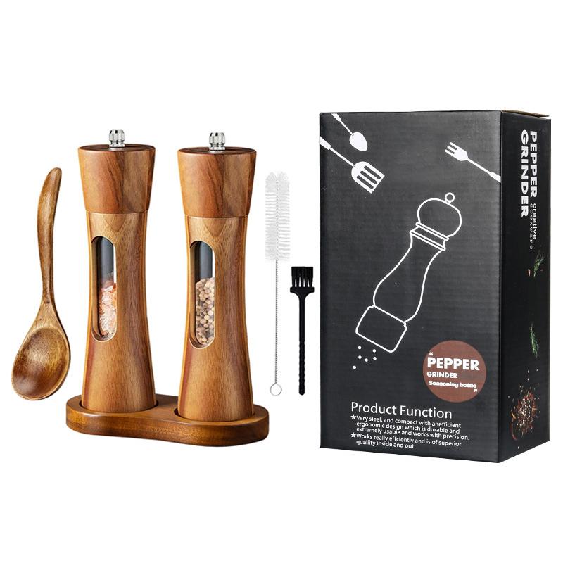 8-inch-Acrylic-Pepper-Grinder-Pagoda-shaped-Wooden-Kitchen-Pepper-Mill,-Spec:-Double+Base+Spoon+Steel-Brush+Black-Brush