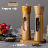 8-inch-Acrylic-Pepper-Grinder-Pagoda-shaped-Wooden-Kitchen-Pepper-Mill,-Spec:-Double+Base+Spoon+Steel-Brush+Black-Brush