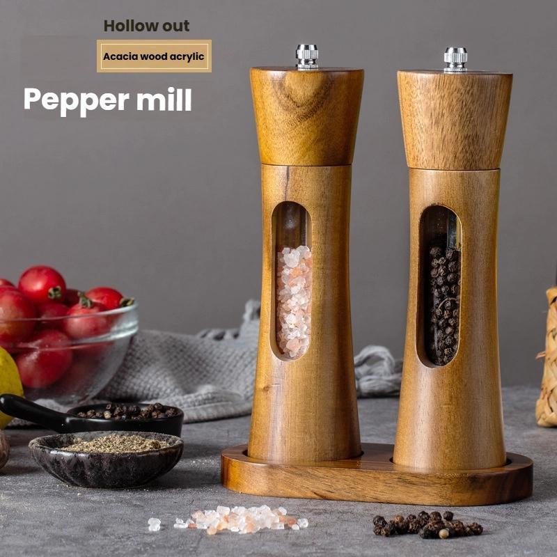 8-inch-Acrylic-Pepper-Grinder-Pagoda-shaped-Wooden-Kitchen-Pepper-Mill,-Spec:-Double+Base+Spoon+Steel-Brush+Black-Brush