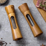 8-inch-Acrylic-Pepper-Grinder-Pagoda-shaped-Wooden-Kitchen-Pepper-Mill,-Spec:-Double+Base+Spoon+Steel-Brush+Black-Brush