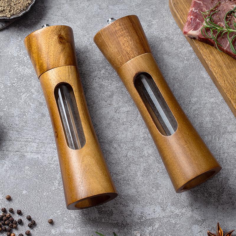 8-inch-Acrylic-Pepper-Grinder-Pagoda-shaped-Wooden-Kitchen-Pepper-Mill,-Spec:-Double+Base+Spoon+Steel-Brush+Black-Brush