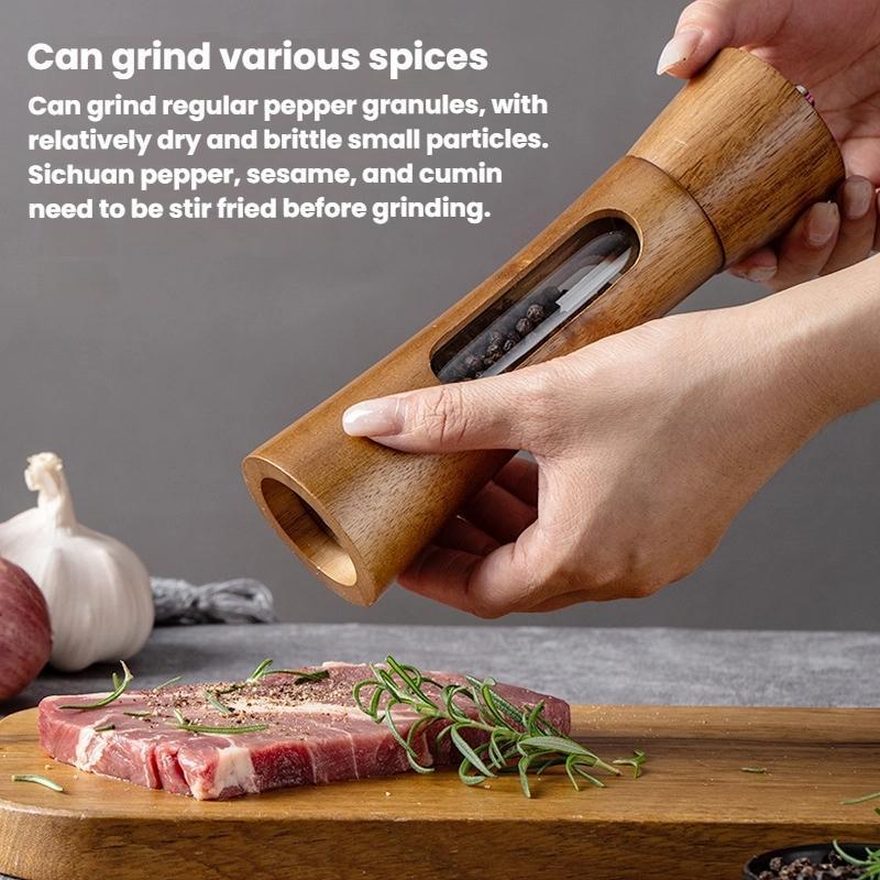 8-inch-Acrylic-Pepper-Grinder-Pagoda-shaped-Wooden-Kitchen-Pepper-Mill,-Spec:-Double+Base+Spoon+Steel-Brush+Black-Brush