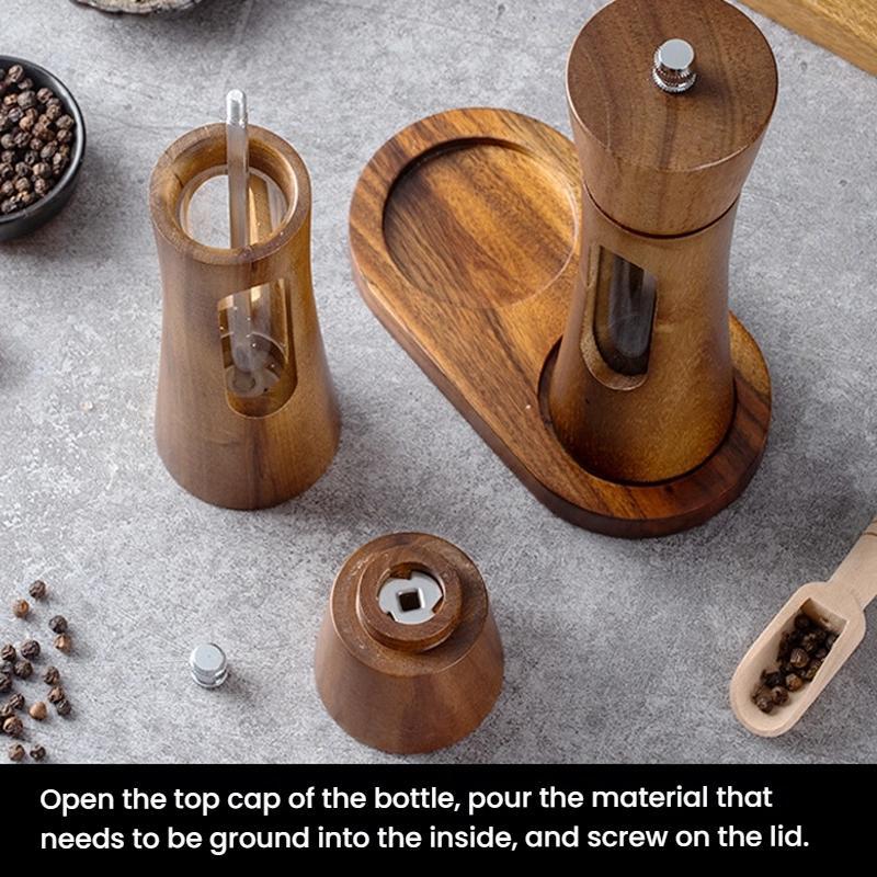 8-inch-Acrylic-Pepper-Grinder-Pagoda-shaped-Wooden-Kitchen-Pepper-Mill,-Spec:-Double+Base+Spoon+Steel-Brush+Black-Brush