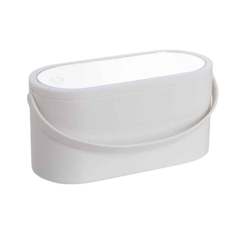 Travel Makeup Organizer Built-In Mirror Rechargeable Cosmetic Storage Box with LED Light - White
