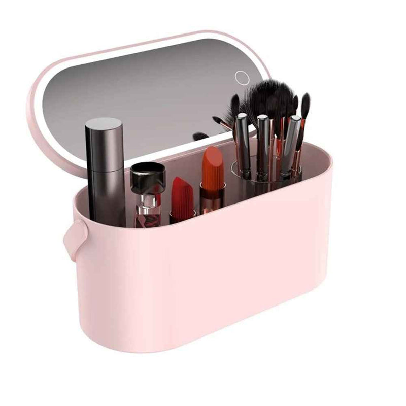 Travel Makeup Organizer Built-In Mirror Rechargeable Cosmetic Storage Box with LED Light - Pink