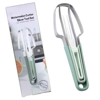 Stainless Steel 3-in-1 Watermelon Cutter Slicer Fork Tool Set Kitchen Gadget (BPA Free, No FDA) - Green