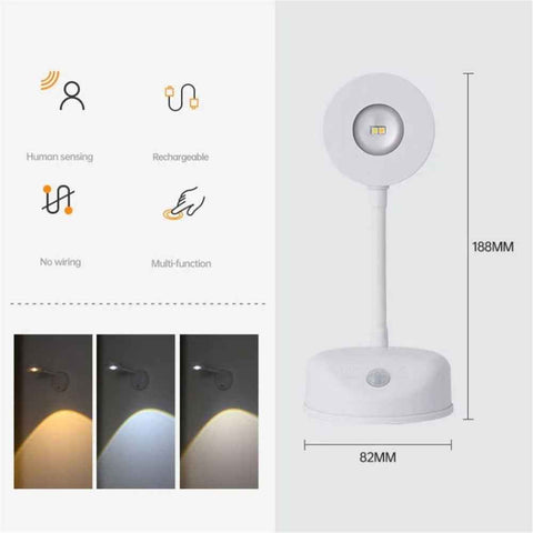 Rechargeable Spotlight Electric Free Wiring Indoor Wall Light Spotlight Smart LED Human Body Sensor Lamp - White