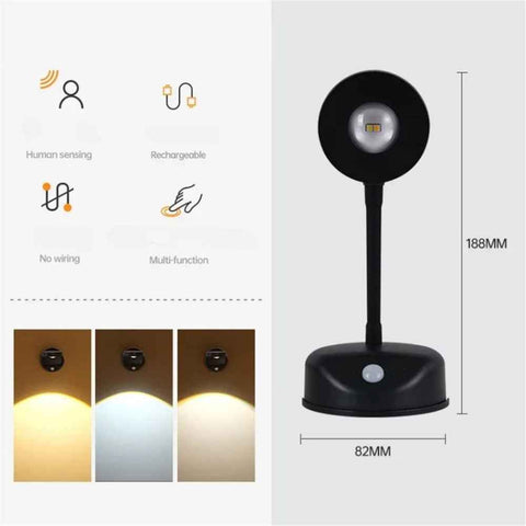 Rechargeable Spotlight Electric Free Wiring Indoor Wall Light Spotlight Smart LED Human Body Sensor Lamp - Black