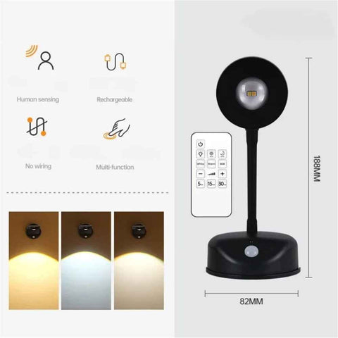 Rechargeable Spotlight Electric Free Wiring Indoor Wall Light Spotlight Smart LED Human Body Sensor Lamp - Black / without Remote