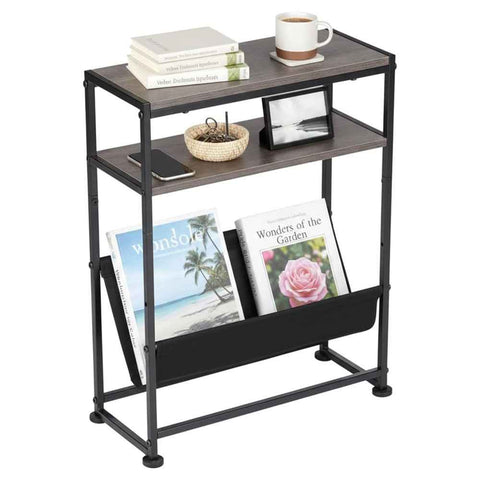 DULCII Metal Frame Wooden Magazine Organizer Table with Fabric Pocket for Home Office, 40 x 16.7 x 55cm - Grey Green