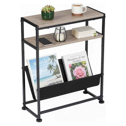 DULCII Metal Frame Wooden Magazine Organizer Table with Fabric Pocket for Home Office, 40 x 16.7 x 55cm - Oak