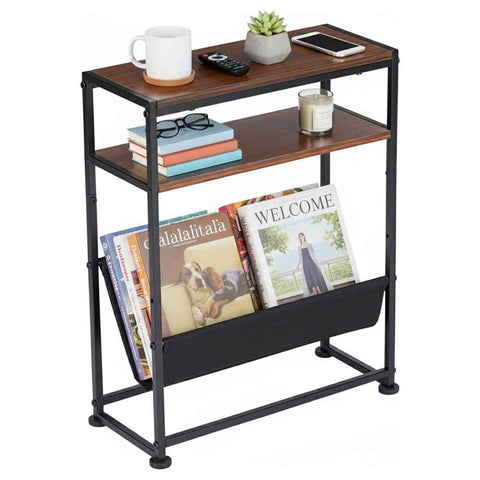 DULCII Metal Frame Wooden Magazine Organizer Table with Fabric Pocket for Home Office, 40 x 16.7 x 55cm - Cherry