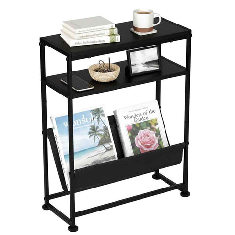 DULCII Metal Frame Wooden Magazine Organizer Table with Fabric Pocket for Home Office, 40 x 16.7 x 55cm - Black Dark Walnut