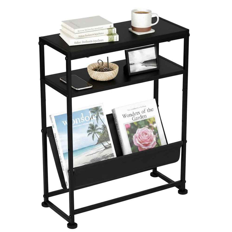 DULCII Metal Frame Wooden Magazine Organizer Table with Fabric Pocket for Home Office, 40 x 16.7 x 55cm - Black Dark Walnut