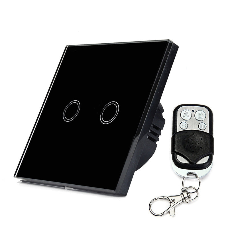 86mm 2 Gang Tempered Glass Panel Wall Switch Smart Home Light Touch Switch with RF433 Remote Controller, AC 110V-240V(Black)