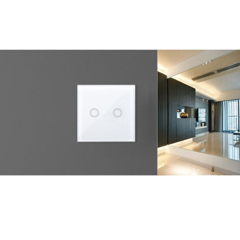 86mm 2 Gang Tempered Glass Panel Wall Switch Smart Home Light Touch Switch with RF433 Remote Controller, AC 110V-240V(White)
