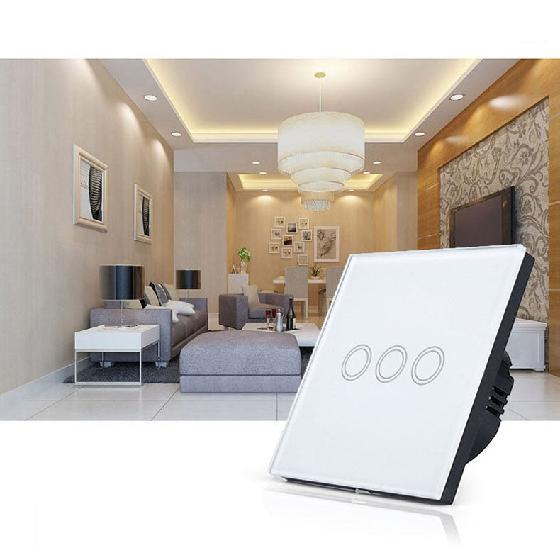 86mm 3 Gang Tempered Glass Panel Wall Switch Smart Home Light Touch Switch with RF433 Remote Controller, AC 110V-240V(Black)
