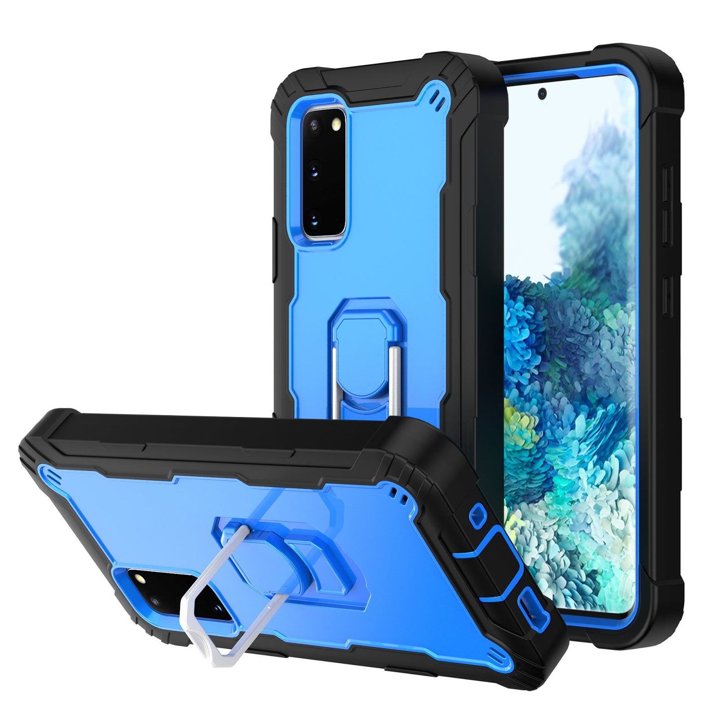 For-Samsung-Galaxy-S20-FE-/-FE-5G-PC-+-Rubber-3-layers-Shockproof-Protective-Case-with-Rotating-Holder(Black-+-Blue)