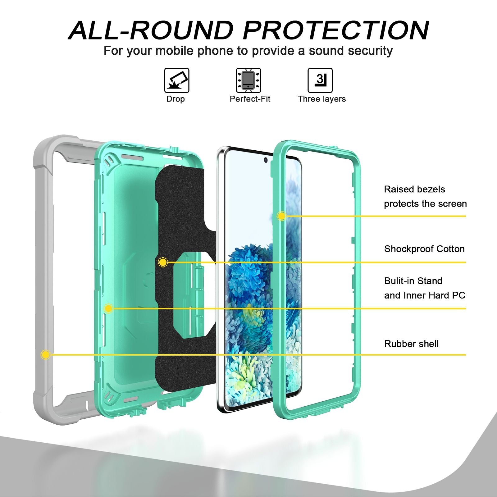 For-Samsung-Galaxy-S20-FE-/-FE-5G-PC-+-Rubber-3-layers-Shockproof-Protective-Case-with-Rotating-Holder(Grey-White-+-Mint-Green)