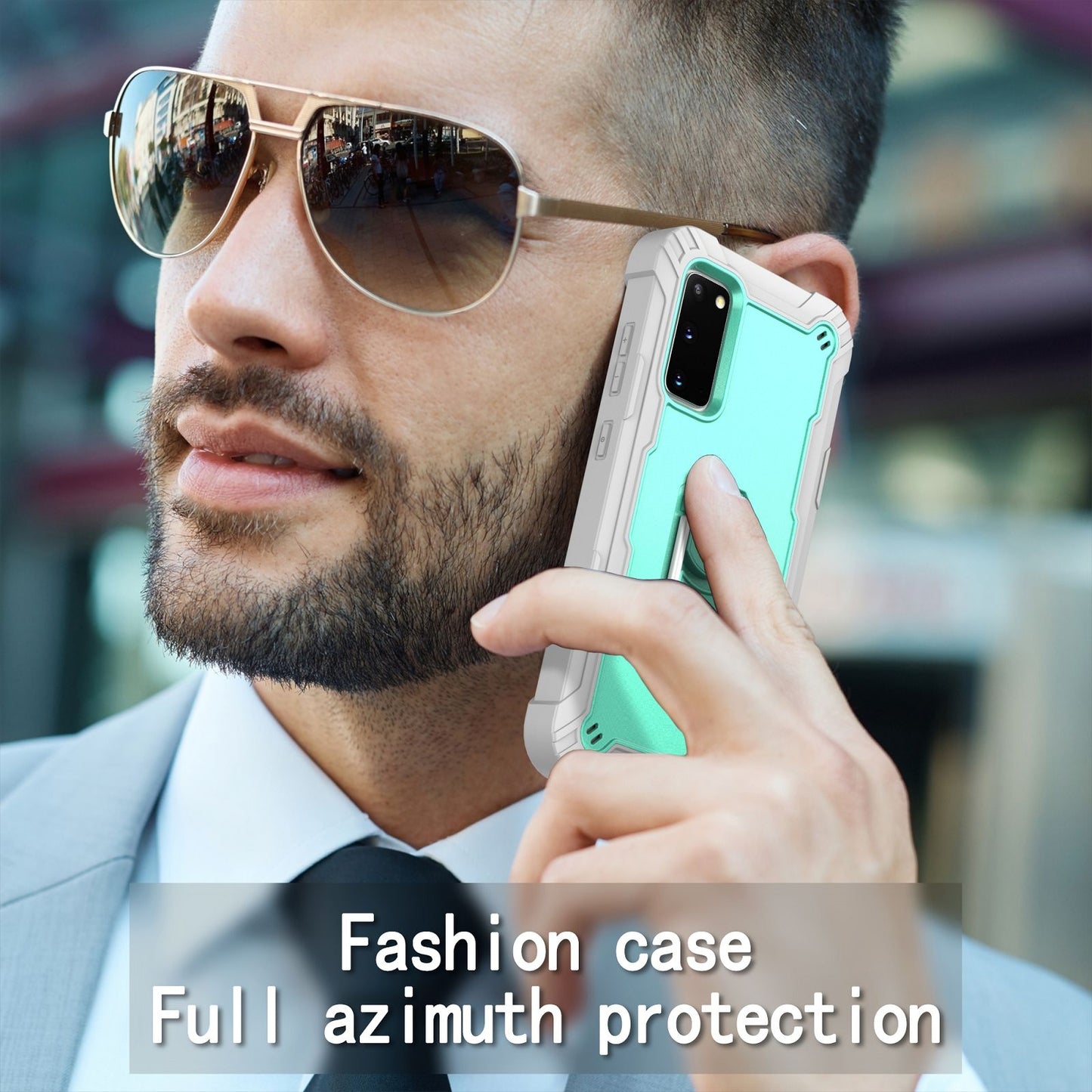 For-Samsung-Galaxy-S20-FE-/-FE-5G-PC-+-Rubber-3-layers-Shockproof-Protective-Case-with-Rotating-Holder(Grey-White-+-Mint-Green)