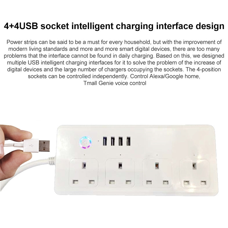 WIFI  13A SM-SO301-K 4 Holes + 4 USB Multi-purpose Smart Power Strip, UK Plug
