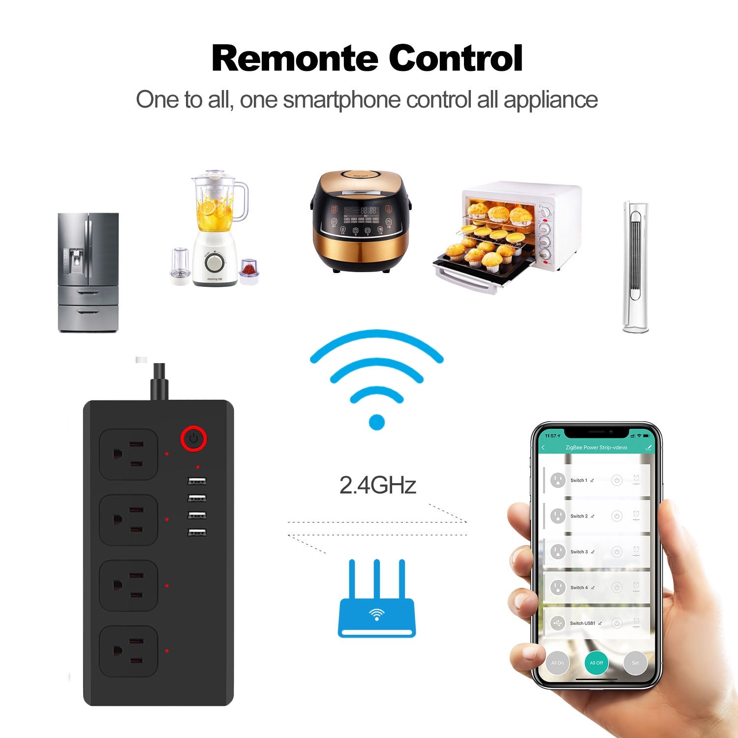 WiFi 10A SM-SO301-U 2500W 4 Holes + 4 USB Smart Power Strip, US Plug(Black)