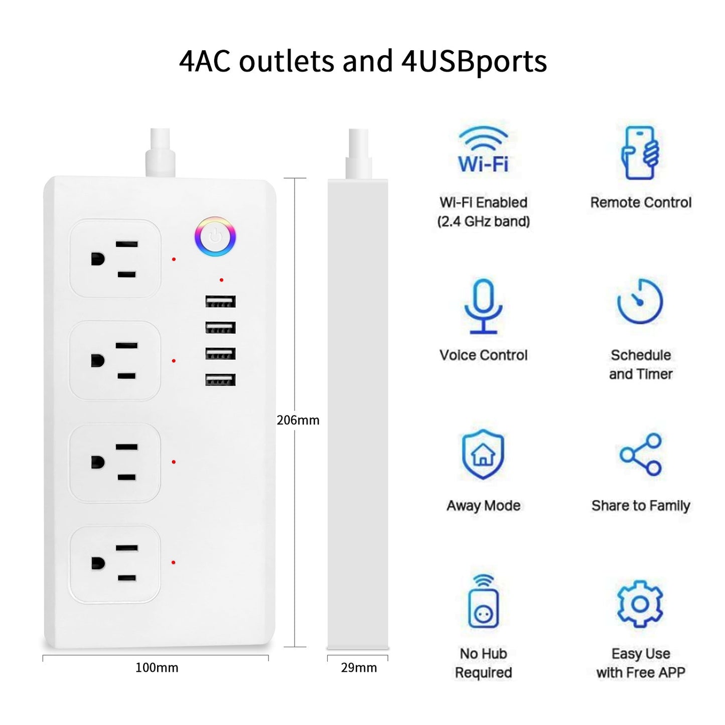 WiFi 10A SM-SO301-U 2500W 4 Holes + 4 USB Smart Power Strip, US Plug(White)