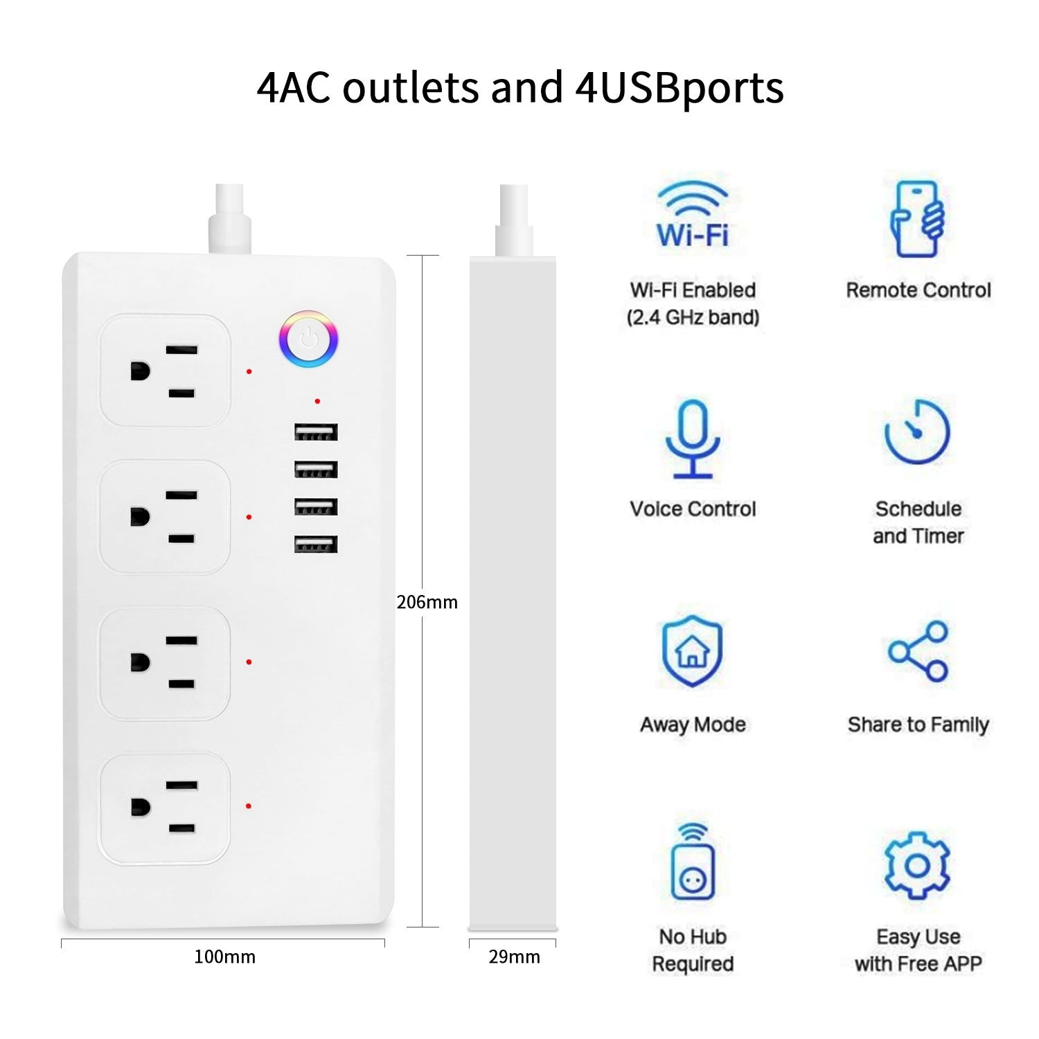 WiFi 10A SM-SO301-U 2500W 4 Holes + 4 USB Smart Power Strip, US Plug(White)
