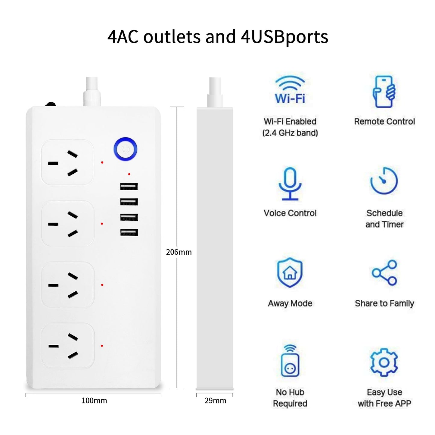 ZigBee 10A SM-SO301-A 4 Holes + 4 USB 2000W Multi-purpose Smart Power Strip, AU Plug