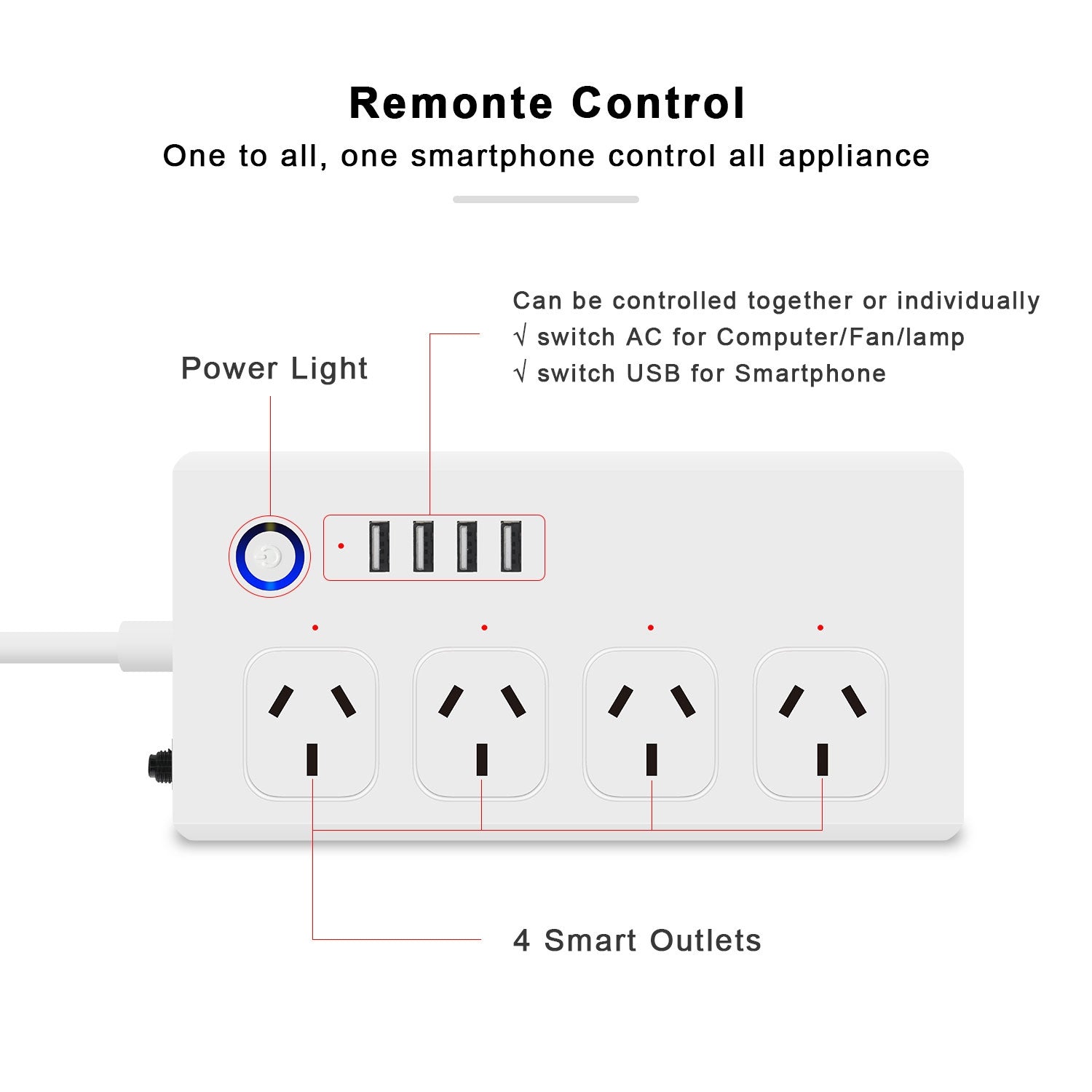 ZigBee 10A SM-SO301-A 4 Holes + 4 USB 2000W Multi-purpose Smart Power Strip, AU Plug