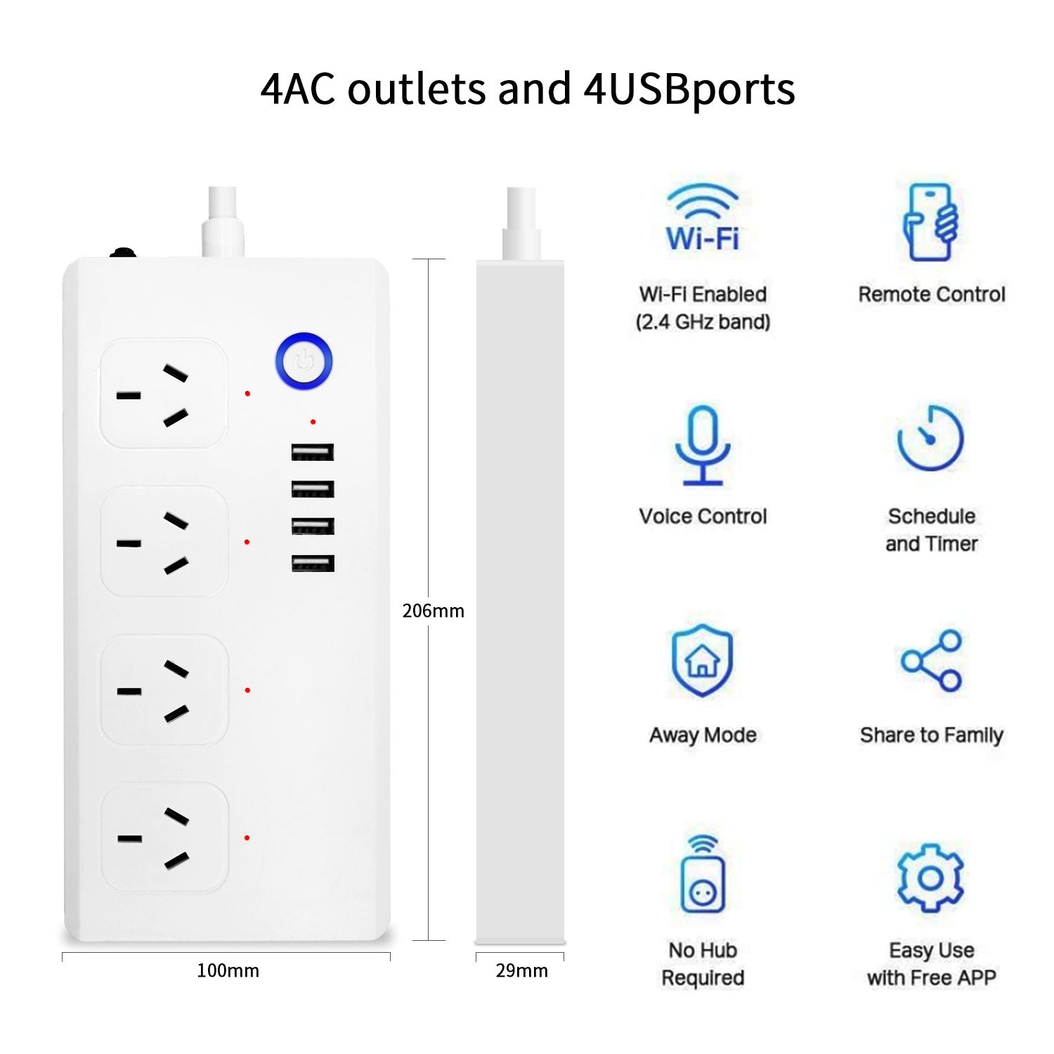 WiFi 10A SM-SO301-A 4 Holes + 4 USB 2000W Multi-purpose Smart Power Strip, AU Plug