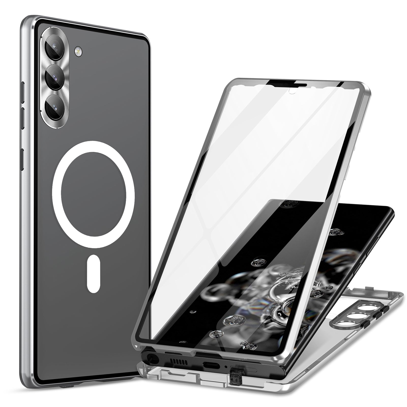 For-Samsung-Galaxy-S24-5G-HD-Full-Cover-Magsafe-Magnetic-Metal-Tempered-Glass-Phone-Case(Silver)