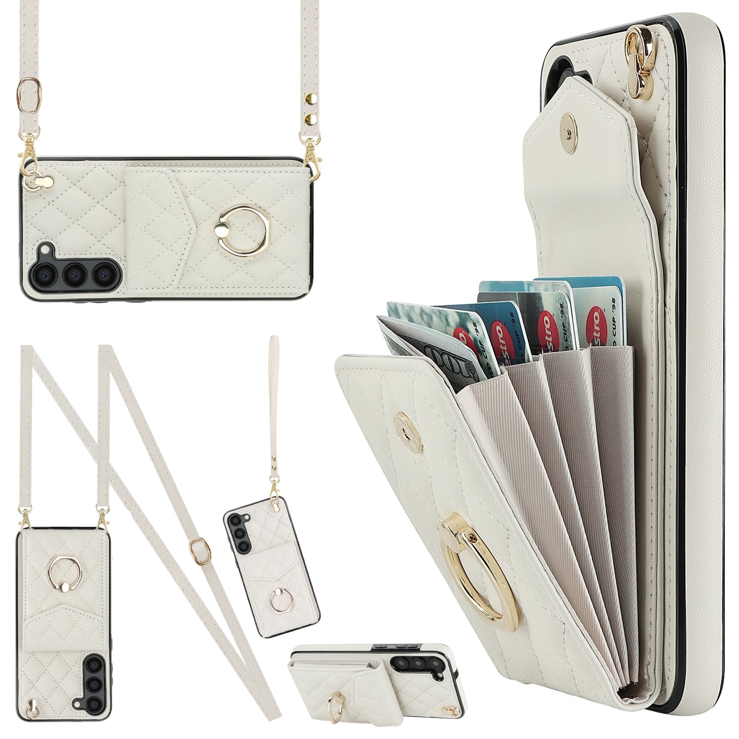 For-Samsung-Galaxy-S24-5G-Rhombic-Texture-Card-Bag-Phone-Case-with-Long-Lanyard(White)
