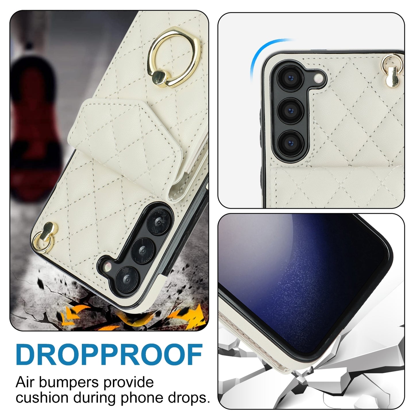 For-Samsung-Galaxy-S24-5G-Rhombic-Texture-Card-Bag-Phone-Case-with-Long-Lanyard(White)