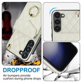 For-Samsung-Galaxy-S24-5G-Rhombic-Texture-Card-Bag-Phone-Case-with-Long-Lanyard(White)