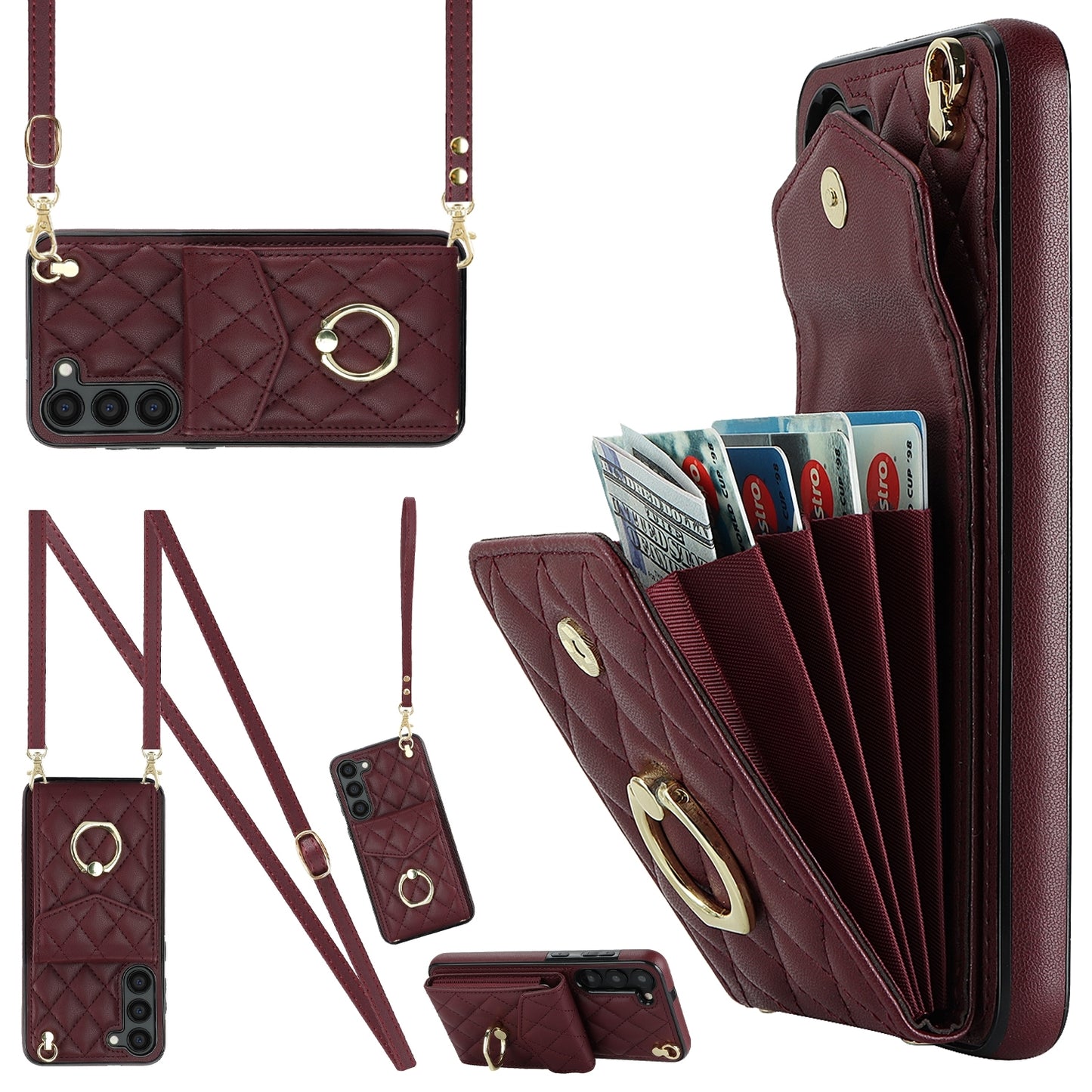 For-Samsung-Galaxy-S24-5G-Rhombic-Texture-Card-Bag-Phone-Case-with-Long-Lanyard(Wine-Red)