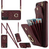 For-Samsung-Galaxy-S24-5G-Rhombic-Texture-Card-Bag-Phone-Case-with-Long-Lanyard(Wine-Red)
