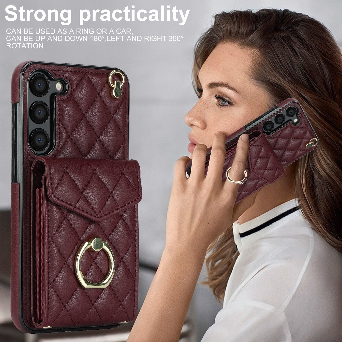 For-Samsung-Galaxy-S24-5G-Rhombic-Texture-Card-Bag-Phone-Case-with-Long-Lanyard(Wine-Red)