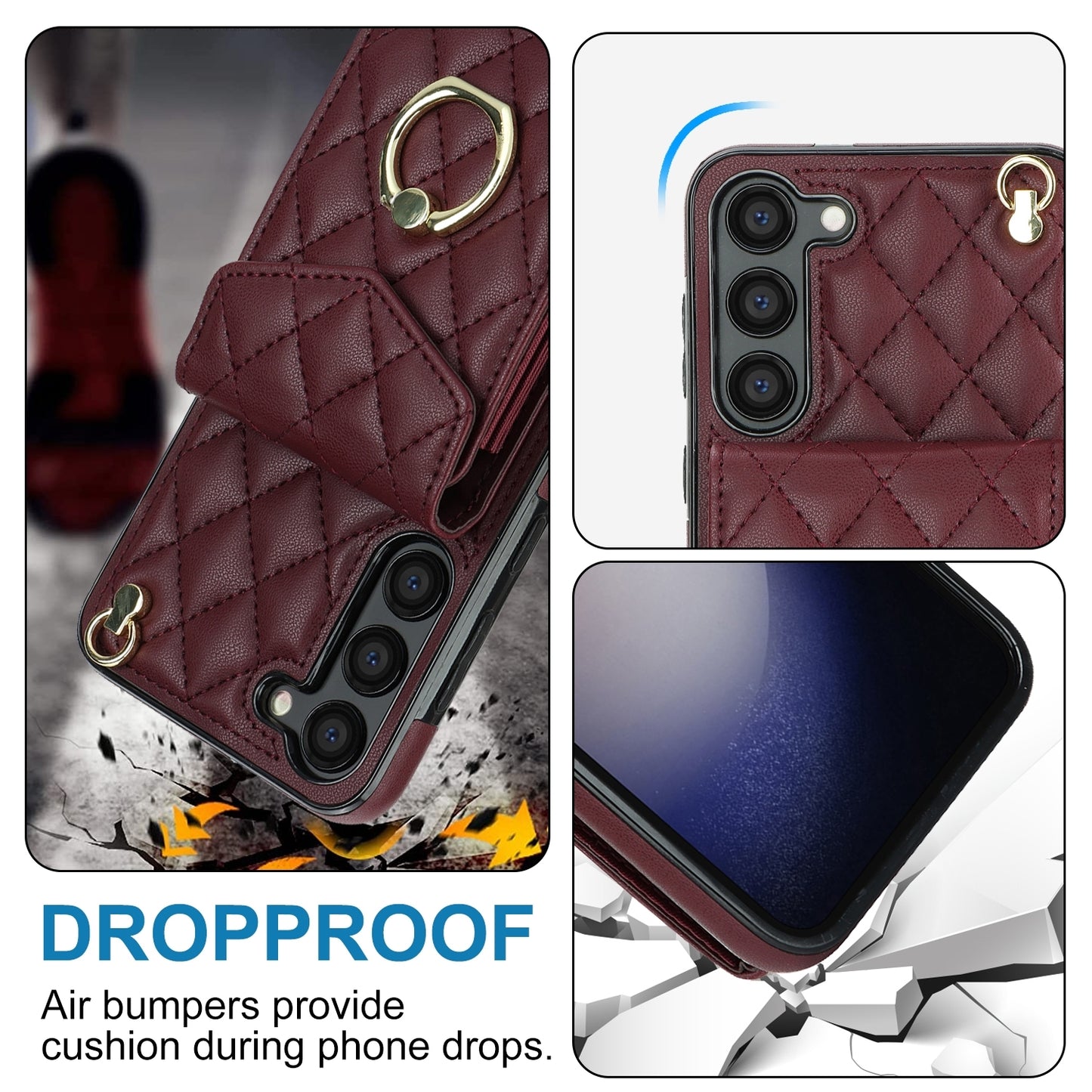 For-Samsung-Galaxy-S24-5G-Rhombic-Texture-Card-Bag-Phone-Case-with-Long-Lanyard(Wine-Red)