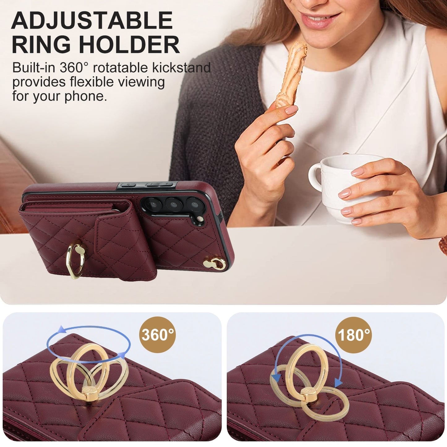 For-Samsung-Galaxy-S24-5G-Rhombic-Texture-Card-Bag-Phone-Case-with-Long-Lanyard(Wine-Red)