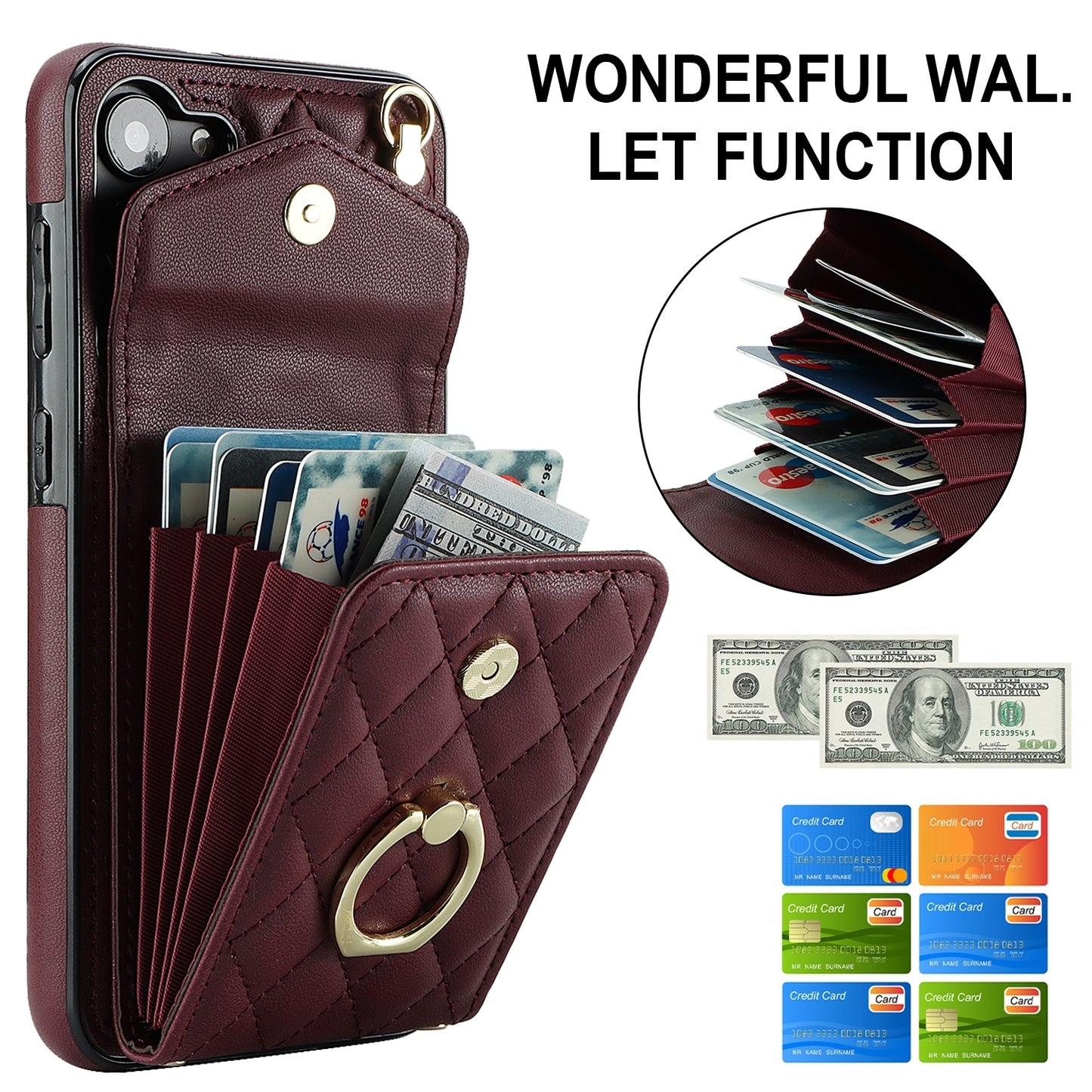 For-Samsung-Galaxy-S24-5G-Rhombic-Texture-Card-Bag-Phone-Case-with-Long-Lanyard(Wine-Red)