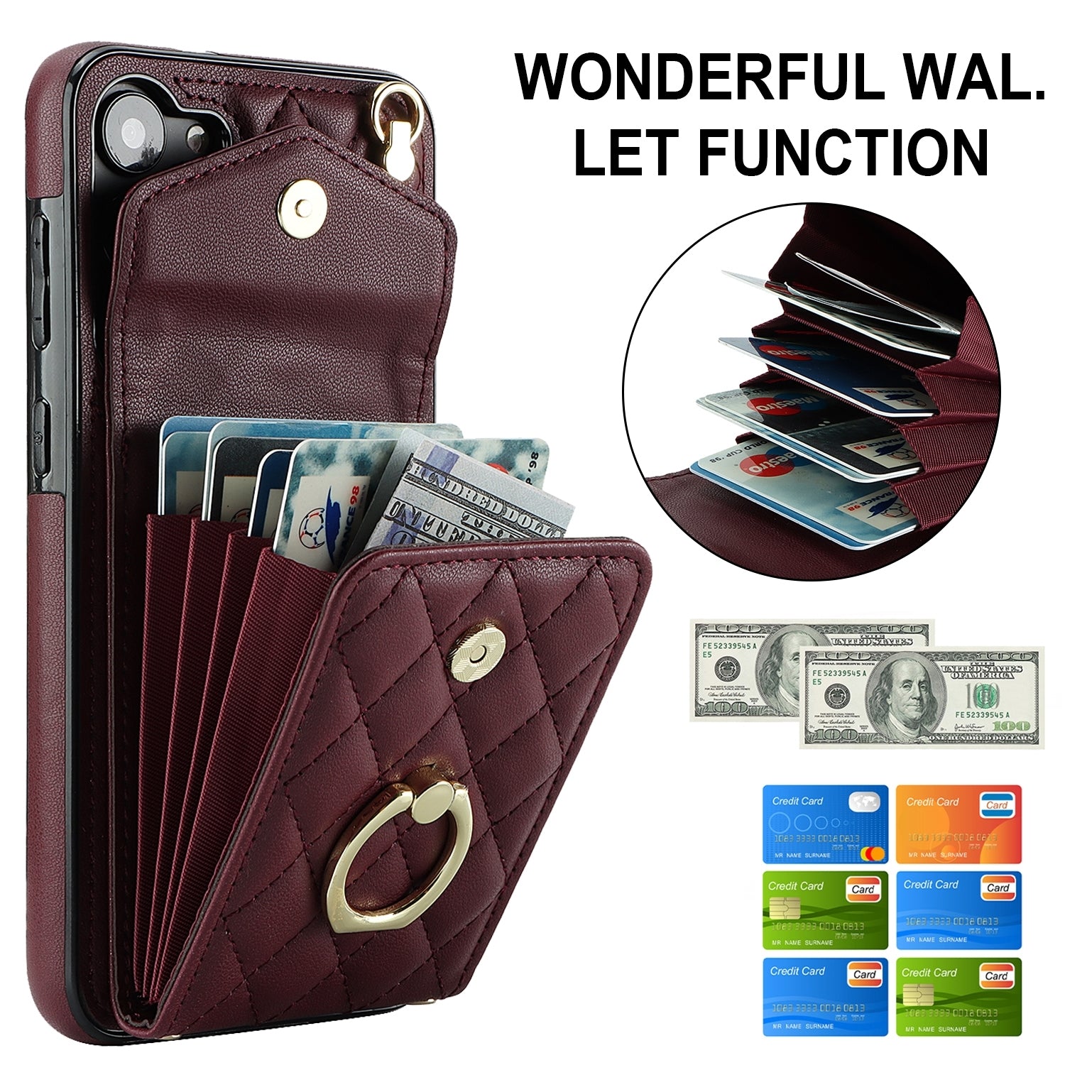 For-Samsung-Galaxy-S24-5G-Rhombic-Texture-Card-Bag-Phone-Case-with-Long-Lanyard(Wine-Red)