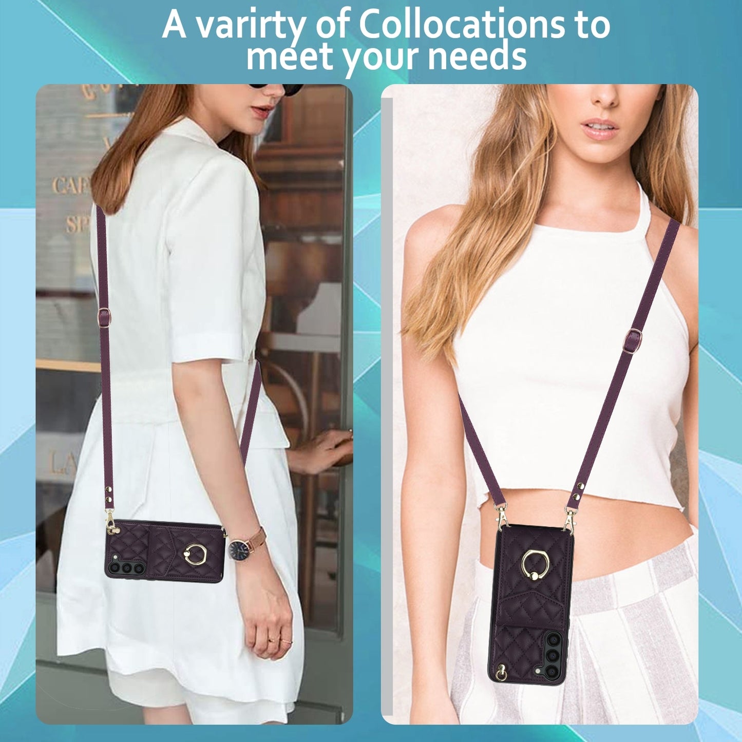 For-Samsung-Galaxy-S24-5G-Rhombic-Texture-Card-Bag-Phone-Case-with-Long-Lanyard(Wine-Red)
